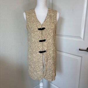 Vintage T Juniors Tan Floral Frog Toggle Longline Vest Duster Made in USA 9/10